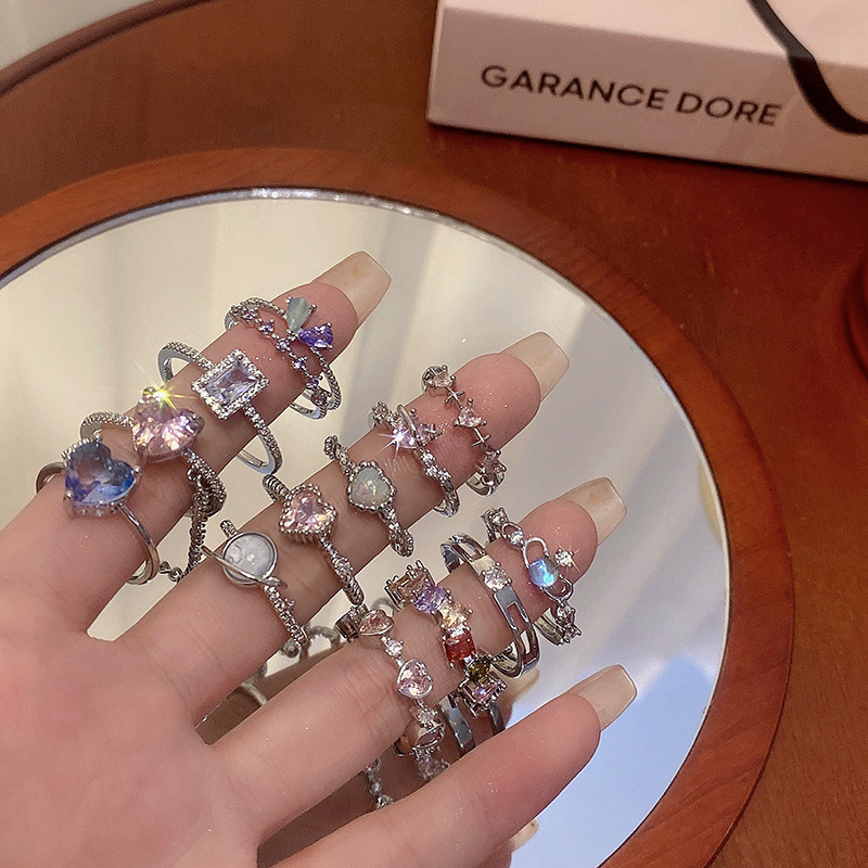 ins风精致彩色爱心锆石戒指女小众高级感开口食指戒个性指环